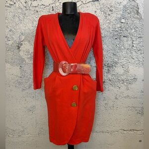 Vintage 80s Orange Knit Wrap Dress with Belt